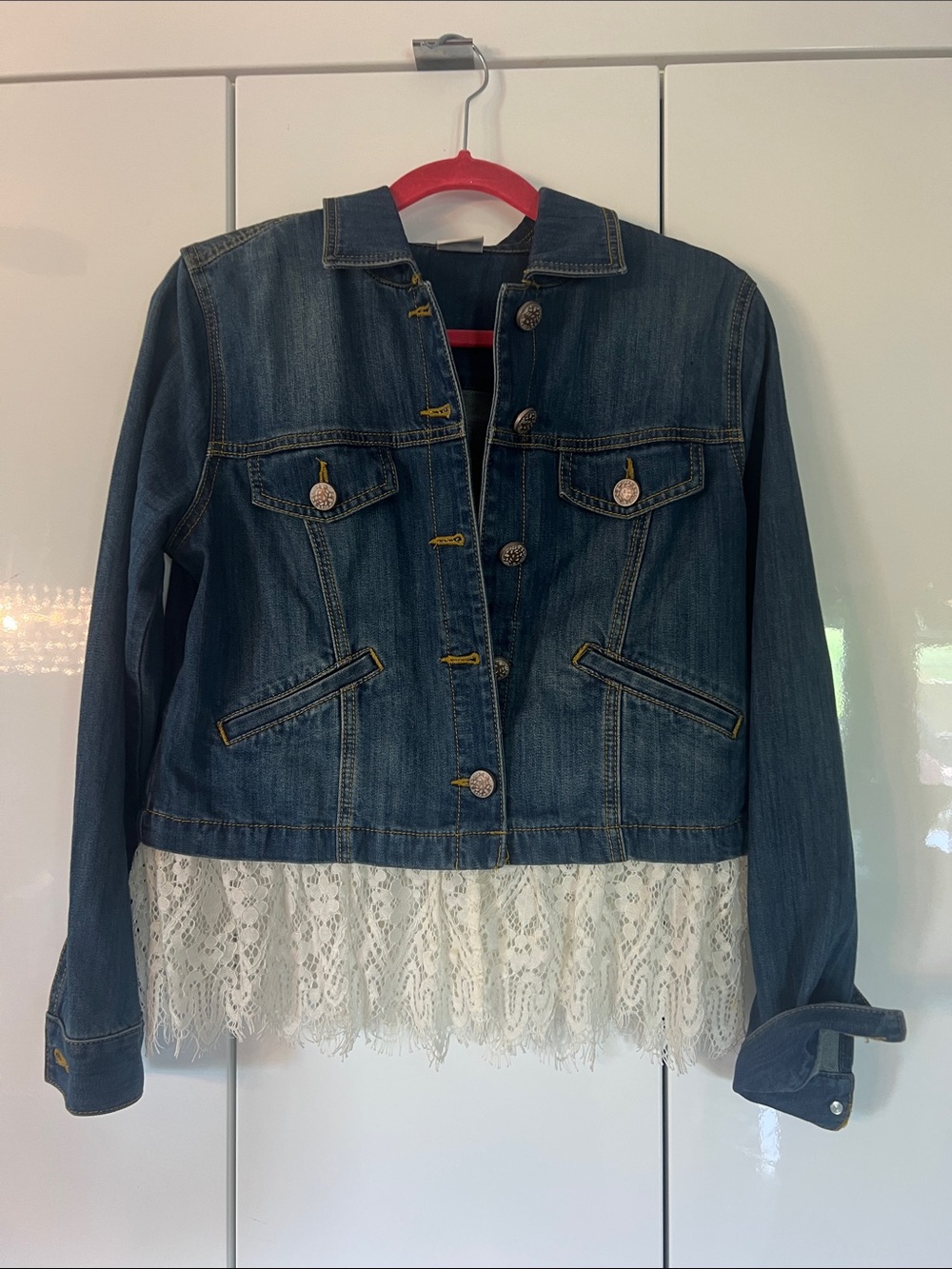 CAbi Dark Blue Denim Jacket with White Lace Trim
